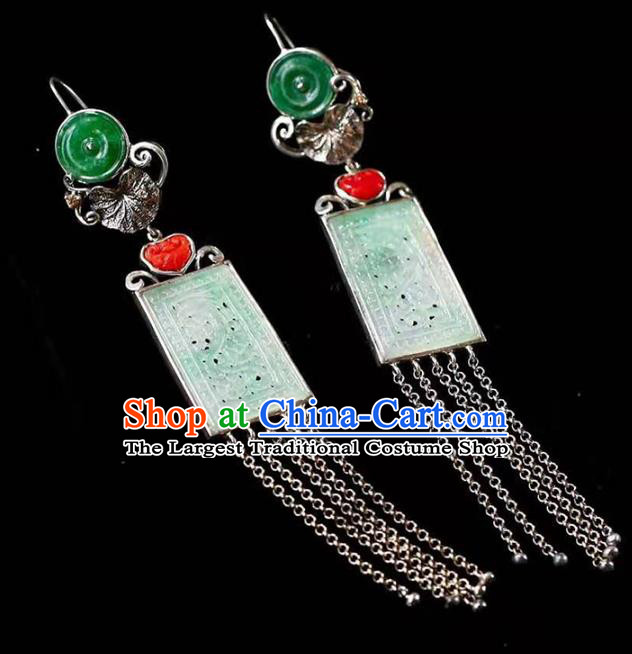 Handmade China Cheongsam Carving Dragon Eardrop National Jade Earrings Traditional Silver Tassel Jewelry Accessories