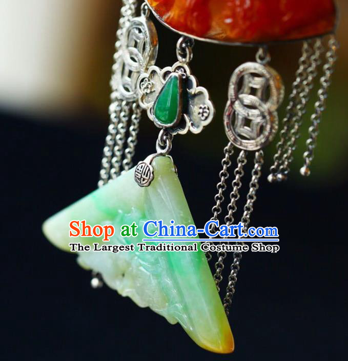 Chinese Classical Red Jade Carving Necklet Pendant Handmade Accessories National Silver Necklace