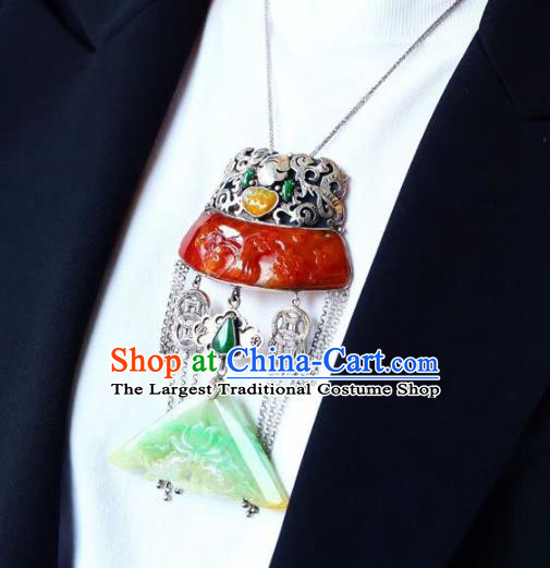 Chinese Classical Red Jade Carving Necklet Pendant Handmade Accessories National Silver Necklace