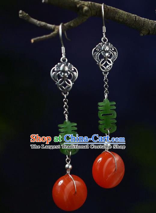 Handmade China Wedding Agate Eardrop Jewelry Traditional Accessories National Cheongsam Silver Bat Earrings