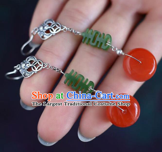 Handmade China Wedding Agate Eardrop Jewelry Traditional Accessories National Cheongsam Silver Bat Earrings