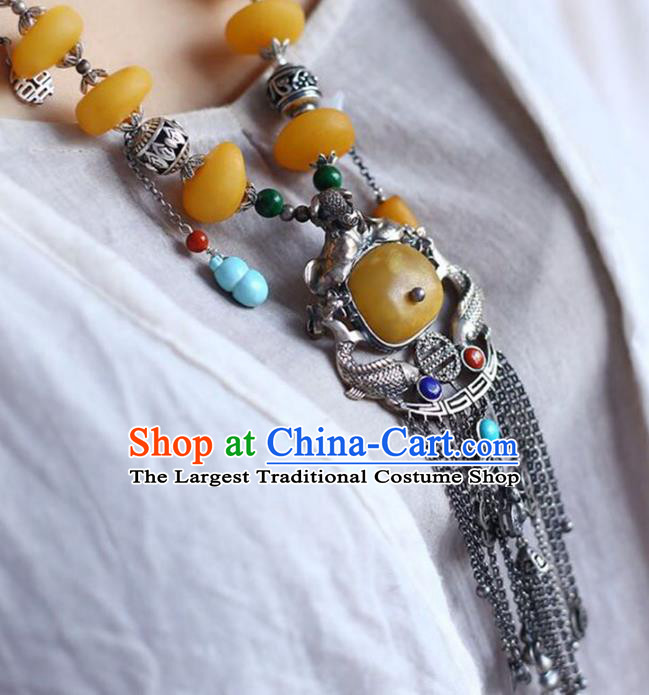 Chinese Classical Silver Carving Fish Necklet Pendant Handmade Beeswax Accessories National Tassel Necklace