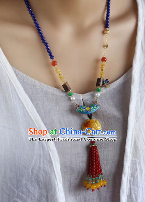 Chinese Classical Cloisonne Necklet Pendant Handmade Beeswax Accessories National Garnet Beads Tassel Necklace