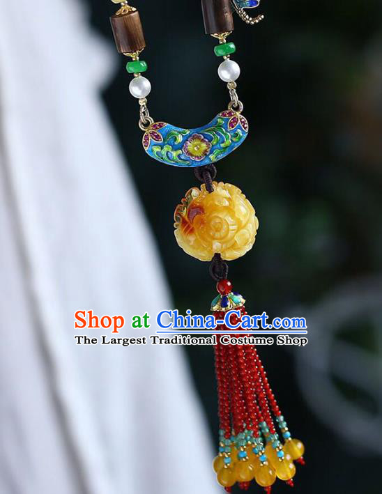Chinese Classical Cloisonne Necklet Pendant Handmade Beeswax Accessories National Garnet Beads Tassel Necklace