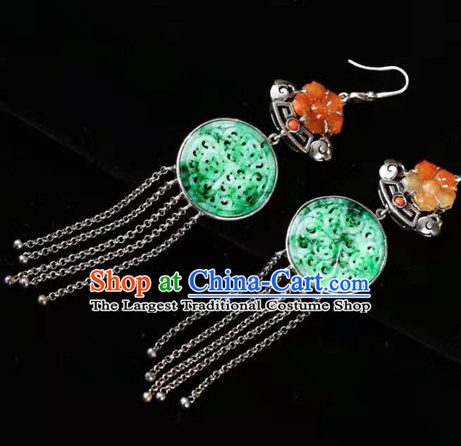 Handmade China Cheongsam Agate Plum Eardrop Traditional Silver Tassel Jewelry Accessories National Jade Earrings