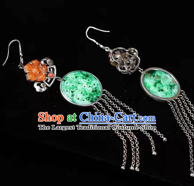 Handmade China Cheongsam Agate Plum Eardrop Traditional Silver Tassel Jewelry Accessories National Jade Earrings