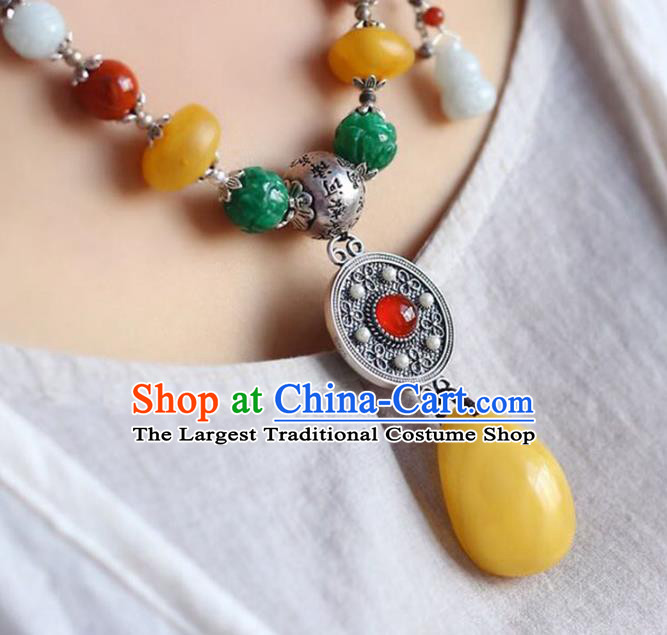Chinese Classical Beeswax Necklet Pendant Handmade Silver Accessories National Jadeite Beads Necklace