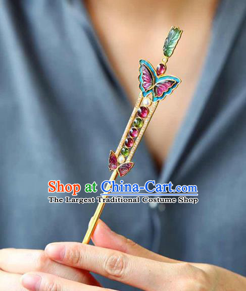 Chinese Handmade Qing Dynasty Court Gems Hair Accessories Traditional Ancient Empress Tourmaline Butterfly Hairpin Jewelry