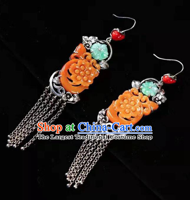 Handmade China National Earrings Traditional Silver Jewelry Accessories Cheongsam Yellow Jade Eardrop