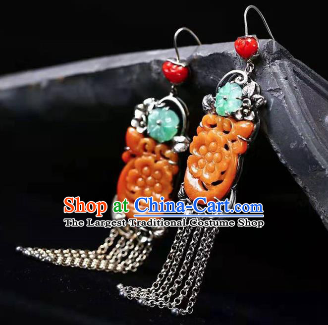 Handmade China National Earrings Traditional Silver Jewelry Accessories Cheongsam Yellow Jade Eardrop