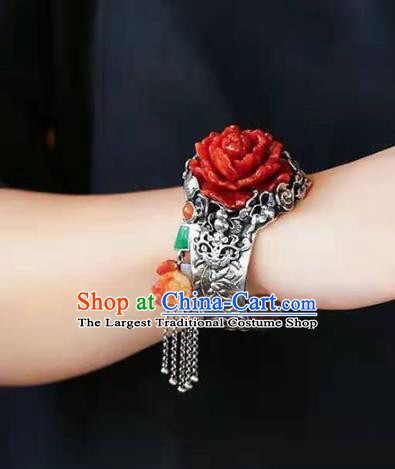 China Handmade Retro Silver Carving Bracelet Traditional Jewelry Accessories National Agate Peony Bangle