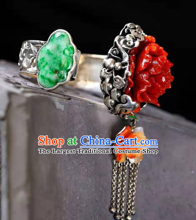 China Handmade Retro Silver Carving Bracelet Traditional Jewelry Accessories National Agate Peony Bangle