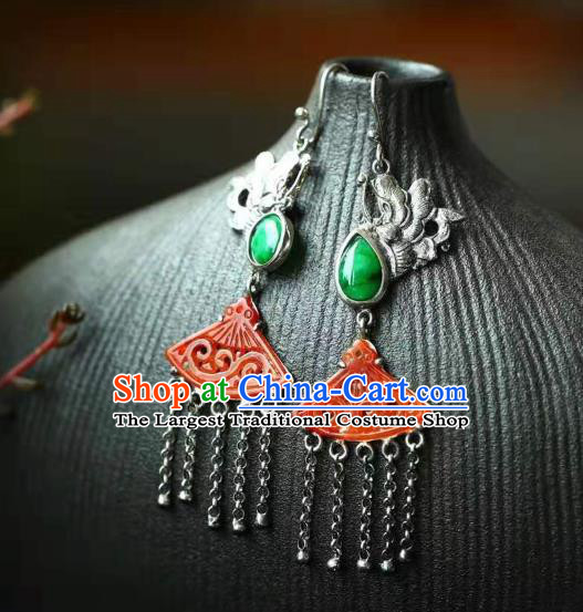 Handmade China Red Jade Eardrop Jewelry Traditional Cheongsam Accessories National Silver Butterfly Tassel Earrings