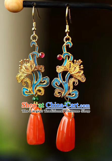 Handmade China Wedding Agate Eardrop Jewelry Traditional Cheongsam Accessories National Filigree Butterfly Earrings