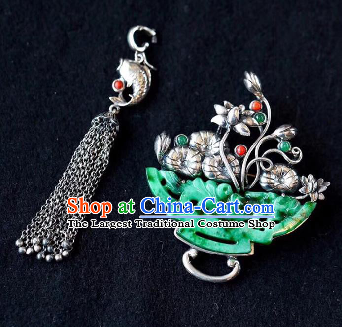 Chinese Classical Jadeite Carving Necklet Pendant Handmade Accessories National Silver Lotus Tassel Necklace