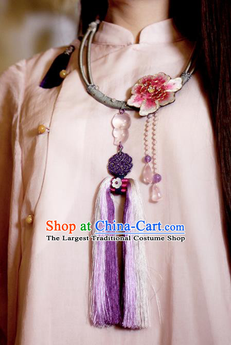 Chinese Classical Embroidered Peony Tassel Necklet Pendant Handmade Accessories National Silver Necklace
