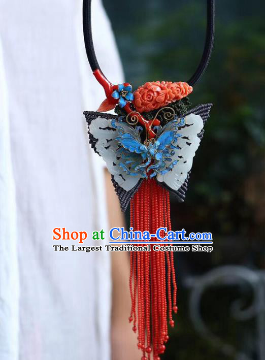 Chinese Classical Jade Butterfly Tassel Necklet Pendant Handmade National Necklace Accessories