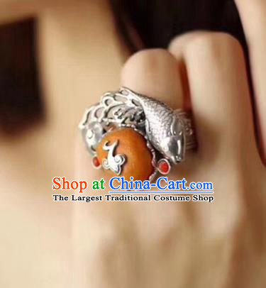 Chinese National Beeswax Ring Jewelry Traditional Handmade Silver Fish Circlet Accessories