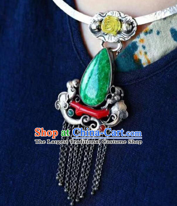 Chinese Classical Silver Tassel Necklet Jade Pendant Handmade National Topaz Rose Necklace Accessories