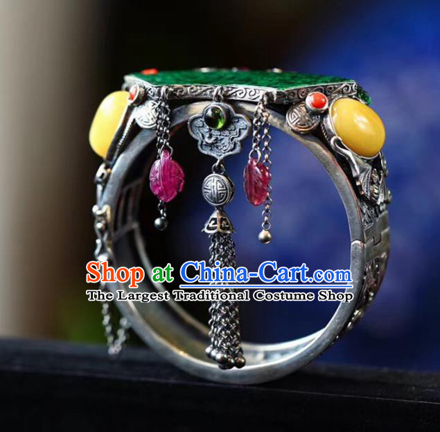 China National Jadeite Bangle Traditional Jewelry Accessories Handmade Retro Silver Carving Bat Bracelet