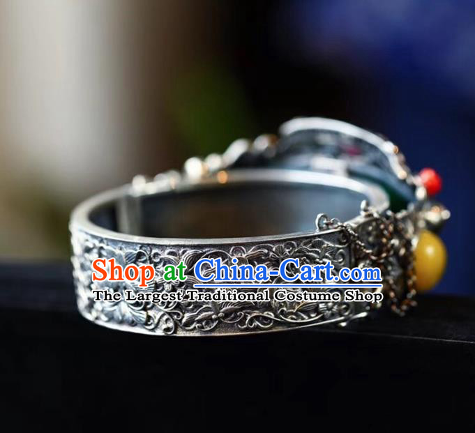 China National Jadeite Bangle Traditional Jewelry Accessories Handmade Retro Silver Carving Bat Bracelet
