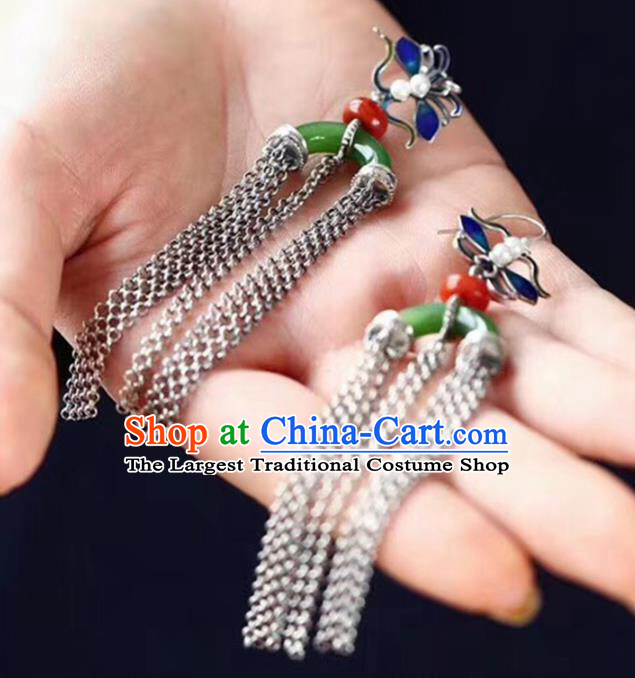 Handmade China Blueing Silver Butterfly Eardrop Jewelry Traditional Cheongsam Accessories National Jade Tassel Earrings