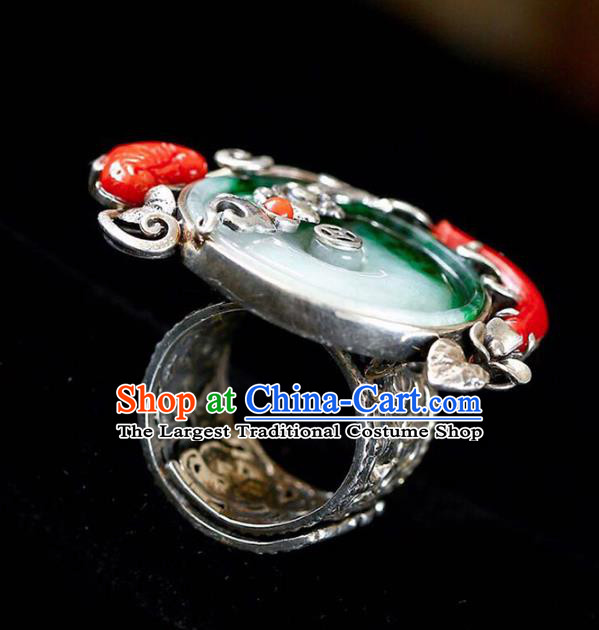 Chinese Traditional Handmade Jadeite Accessories Silver Ring National Circlet Jewelry