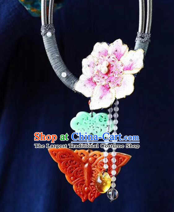 Chinese Classical Red Jade Butterfly Necklet Pendant Handmade National Embroidered Peony Necklace Accessories