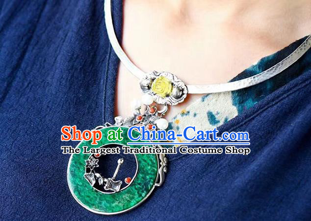 Chinese Classical Jadeite Necklet Pendant Handmade National Topaz Necklace Silver Bat Accessories