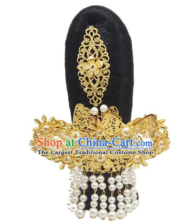 Chinese Traditional Flying Apsaras Wigs Classical Dance Hair Chignon and Tassel Golden Hair Crown