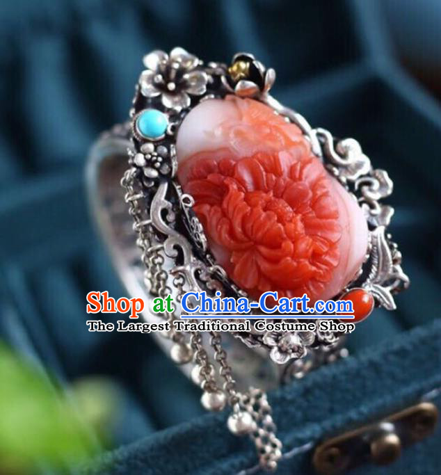 China Handmade Red Jade Carving Peony Bracelet Traditional Jewelry Accessories National Silver Plum Bangle