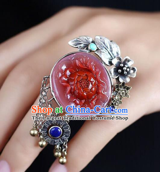 Chinese National Jade Ring Wedding Circlet Jewelry Traditional Handmade Carving Red Peony Accessories