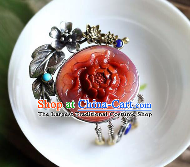 Chinese National Jade Ring Wedding Circlet Jewelry Traditional Handmade Carving Red Peony Accessories
