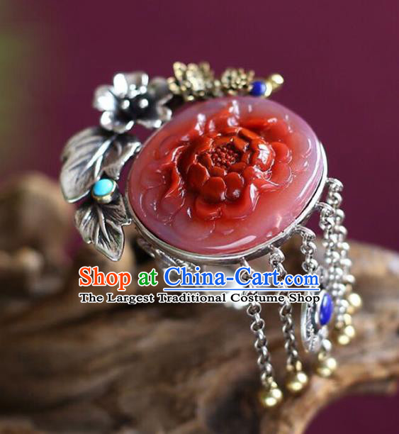 Chinese National Jade Ring Wedding Circlet Jewelry Traditional Handmade Carving Red Peony Accessories