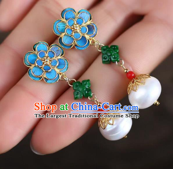 Handmade China Pearl Eardrop Jewelry National Jadeite Earrings Traditional Cheongsam Accessories