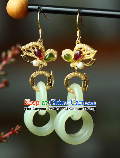 Handmade China Cheongsam Jade Rings Eardrop Traditional Jewelry Accessories National Golden Butterfly Earrings