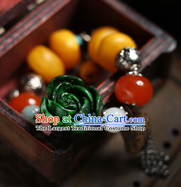 China Handmade Silver Bracelet Traditional Beeswax Jewelry Accessories National Jadeite Carving Rose Bangle