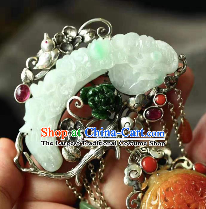Chinese Handmade Silver Tassel Accessories National Jadeite Necklet Classical Jade Carving Gourd Necklace Pendant