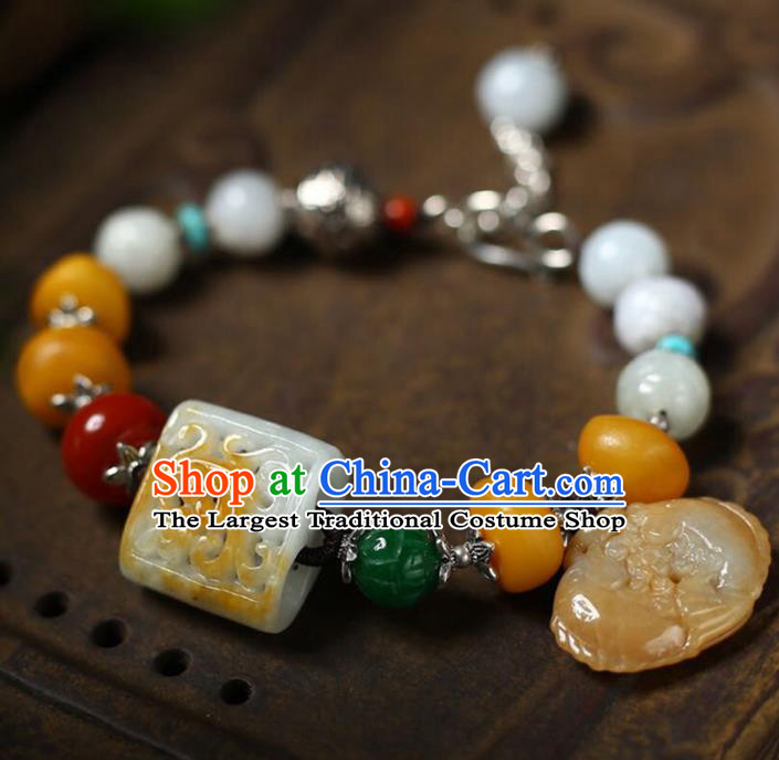 China Handmade White Jade Beads Bracelet Traditional Jewelry Accessories National Beeswax Silver Bangle