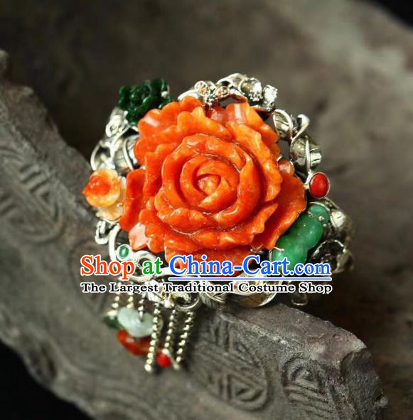 China Handmade Jade Carving Red Peony Bracelet Traditional Jewelry Accessories National Retro Silver Bangle