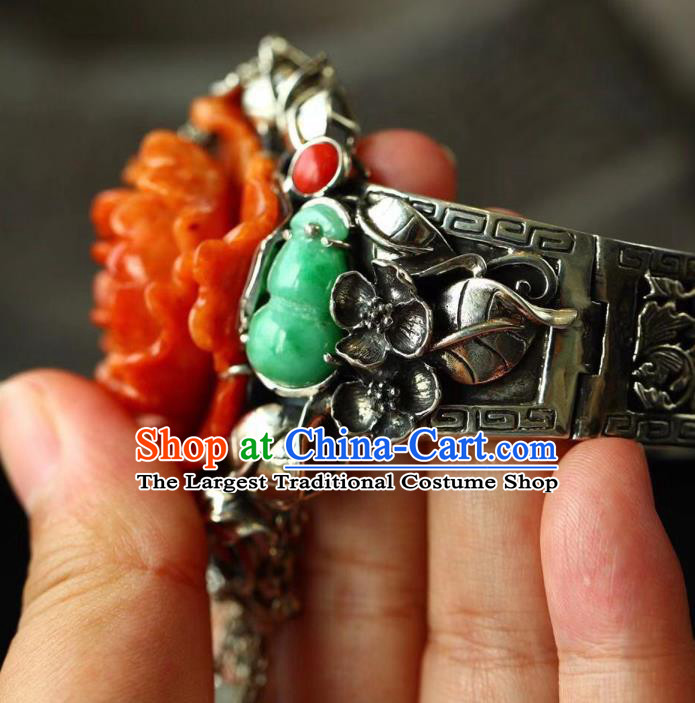 China Handmade Jade Carving Red Peony Bracelet Traditional Jewelry Accessories National Retro Silver Bangle
