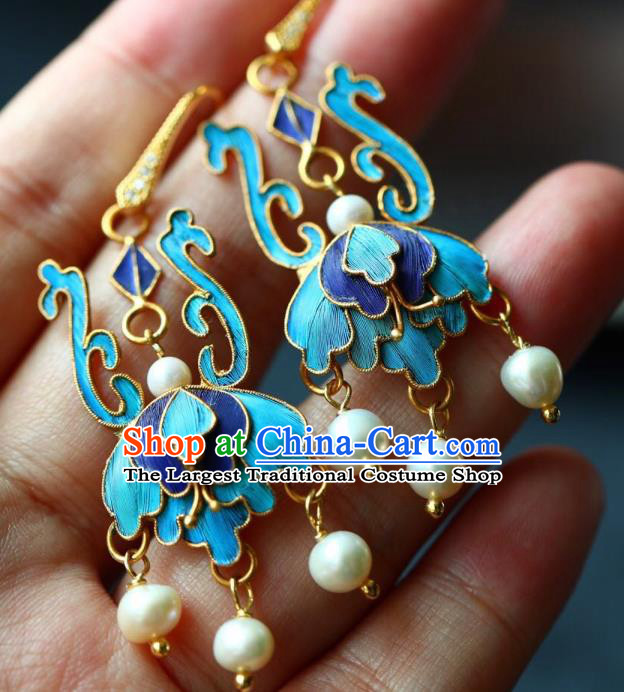 Handmade China Blueing Eardrop Jewelry Traditional Cheongsam Accessories National Pearls Tassel Earrings
