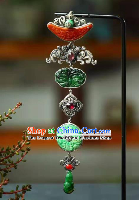 Chinese Handmade Silver Brooch Accessories Traditional National Jade Pendant
