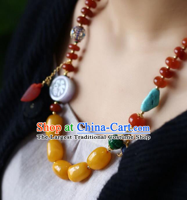 Chinese Handmade Agate Beads Necklet National Classical Necklace Beeswax Accessories