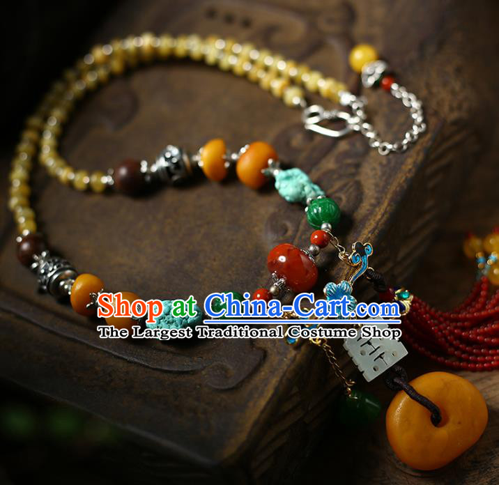 Chinese Handmade Garnet Beads Tassel Necklet National Classical Kallaite Necklace Beeswax Accessories