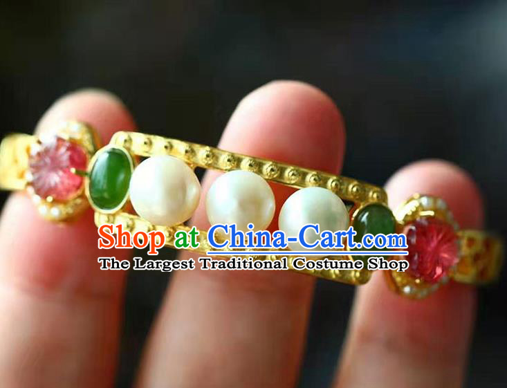 China National Golden Bangle Traditional Qing Dynasty Court Jewelry Accessories Handmade Gems Bracelet