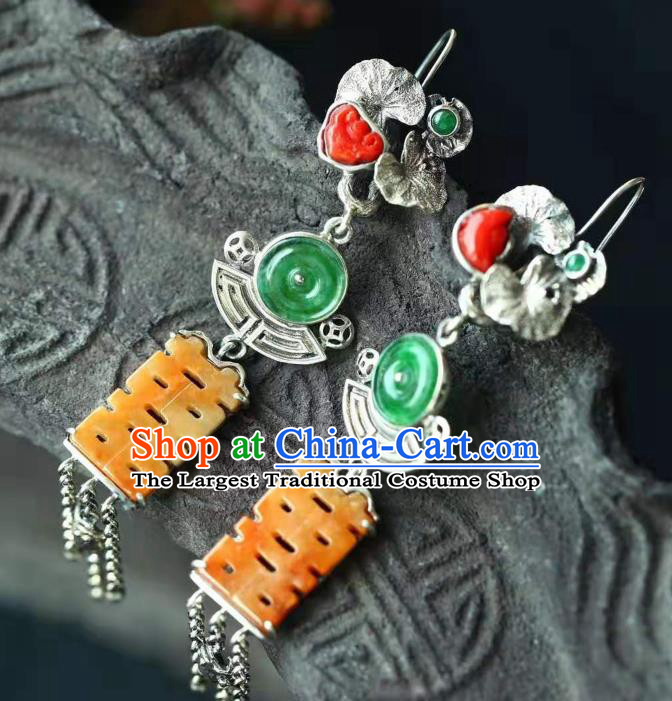 Handmade China Silver Lotus Tassel Eardrop Jewelry Traditional Cheongsam Jade Accessories National Wedding Earrings