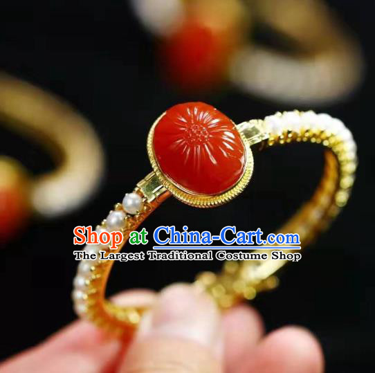 China Traditional Jewelry Accessories Handmade Agate Bracelet National Pearls Golden Bangle