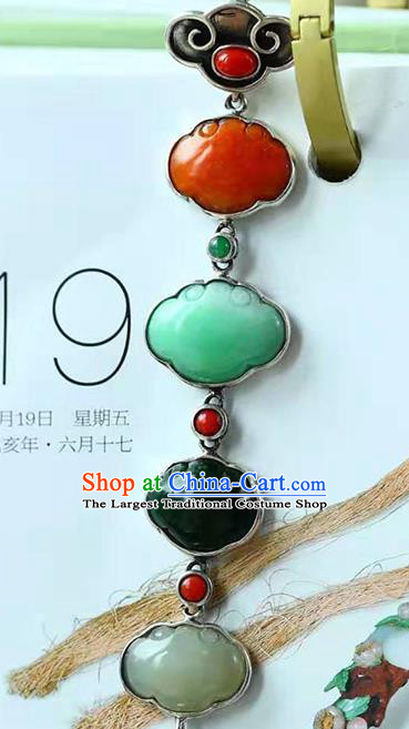 Chinese Handmade Qing Dynasty Silver Tassel Brooch Accessories Traditional Jade Breastpin Pendant Jewelry
