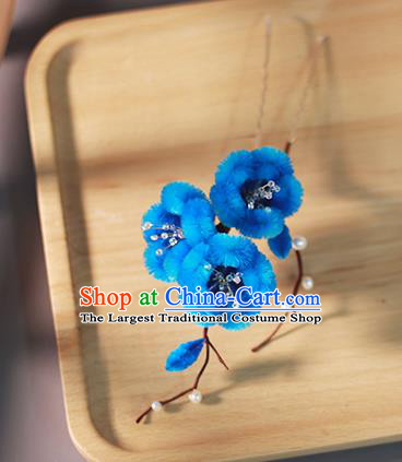Chinese Qing Dynasty Princess Blue Velvet Plum Hairpin Ancient Court Hair Accessories